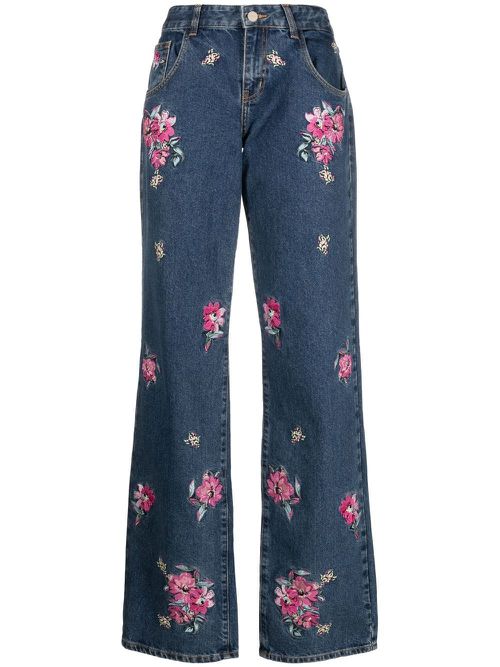 Floral-embroidery flared jeans - Blue