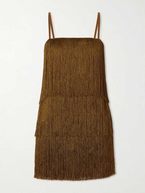 Cinca Tiered Fringed Satin Mini Dress - Brown