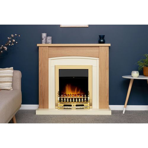 Chilton Fireplace in Oak & Cream with Blenheim Electric Fire in Brass, 39 Inch