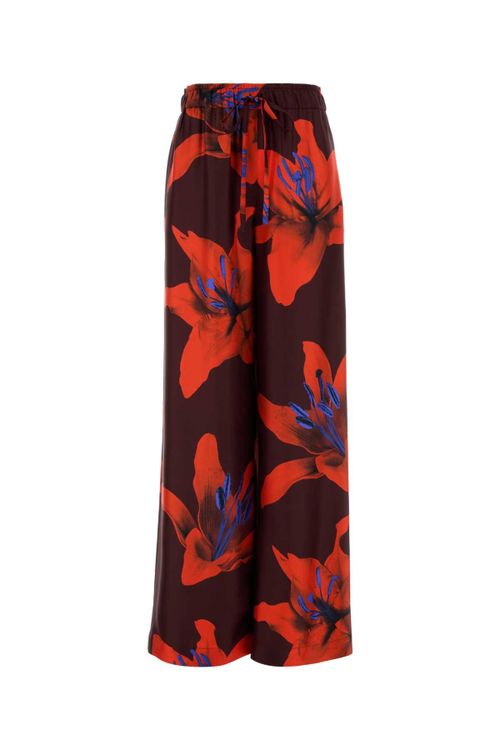 Floral Silk Trousers — Burgundy