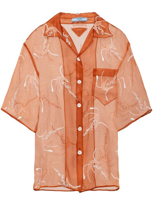 프라다 여성 floral-embroidery silk organza shirt - Orange P433BRS18214VO