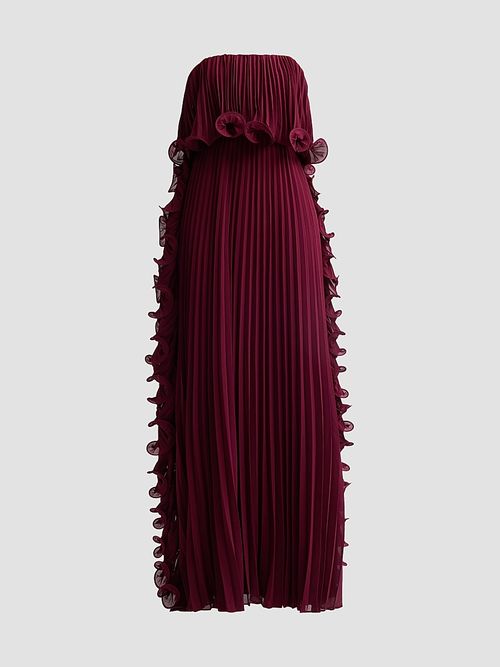 Women's Ruffle Pleated Chiffon Strapless Gown - Wine