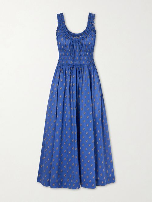 Emmaretta Shirred Floral-print Cotton Midi Dress - Blue