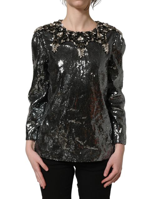 Sequin and Crystal Embellished Blouse — Gray