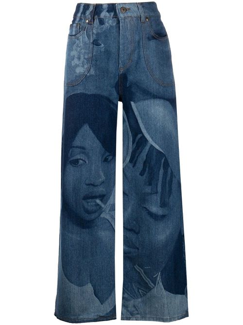 Graphic-print wide leg jeans - Blue