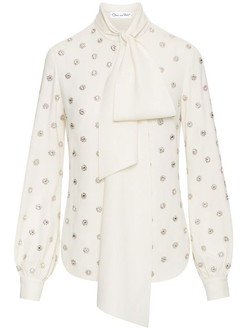 Crystal-embellished tie-neck blouse - White