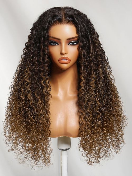 UNice 7x5 Bye Bye Slip™ Glueless Lace Dark Brown to Caramel Ombre with Dark Roots Jerry Curly Wig with Spiral Cur