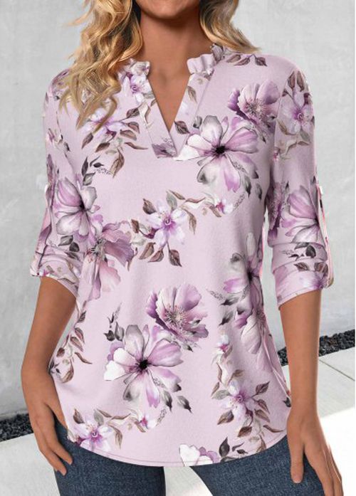 Modlily Light Purple Frill Floral Print 3/4 Sleeve Blouse