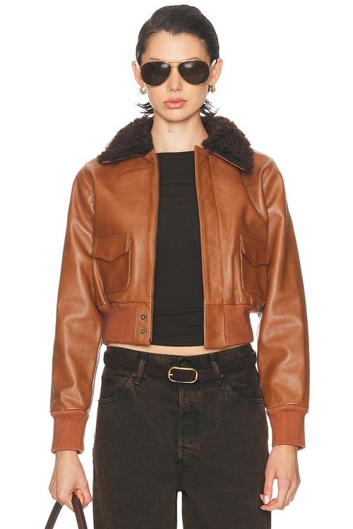 R13 Cropped Shrunken Zip Up Bomber Jacket in Orange-brown in Orange & Brown - Brown.  L also in XS