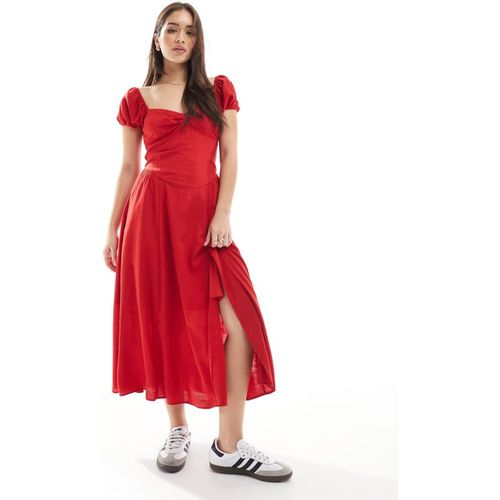 Hollister Womens off shoulder sweetheart midaxi dress with high thigh split in blue floral print - Red