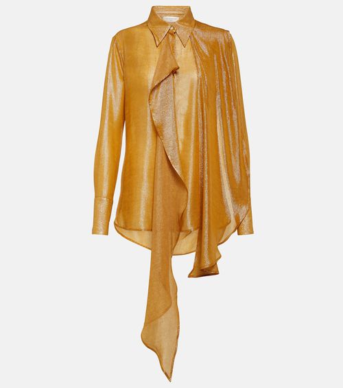 Draped tie-neck lamé blouse