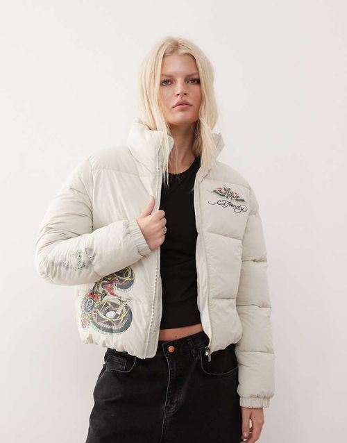 Tattoo puffer coat in sand-Neutral