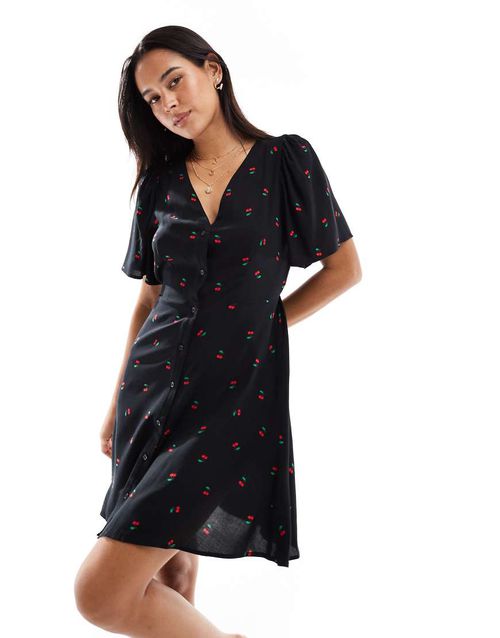 Vero Moda button through mini skater dress with cherry print in black