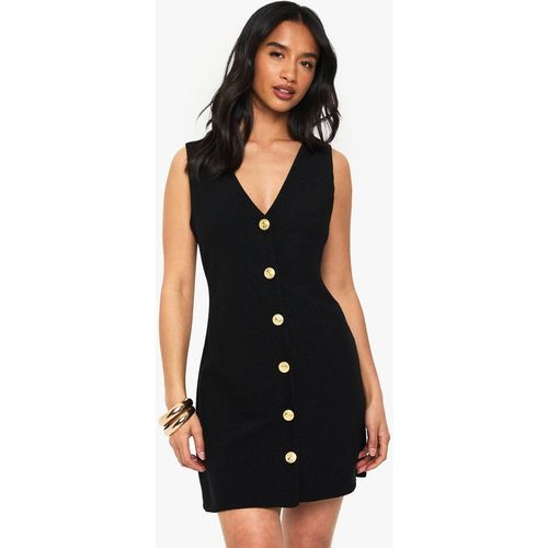 Boohoo Women's Petite Gold Button V Neck Shift Dress in Black