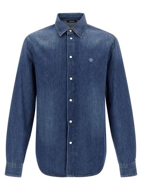 Cotton Denim with Medusa Emblem Shirt — Blue
