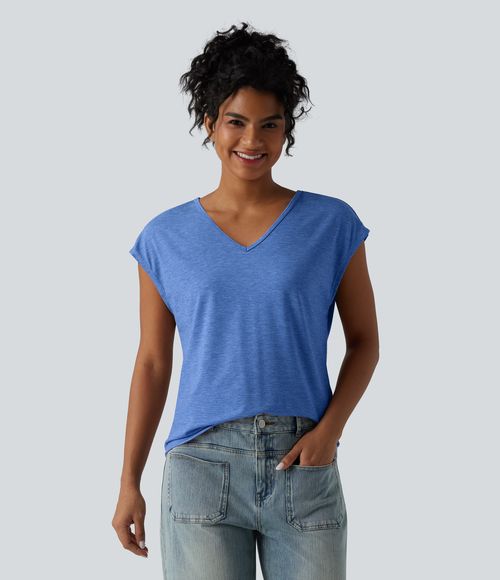 V Neck Short Sleeve Relaxed Heathered Casual T-Shirt  - Sky Blue Floral Yarn