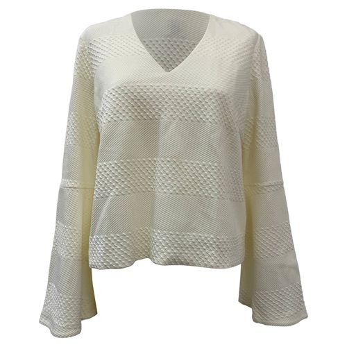 Textured V-Neck Long Sleeve Top in Cream Polyester