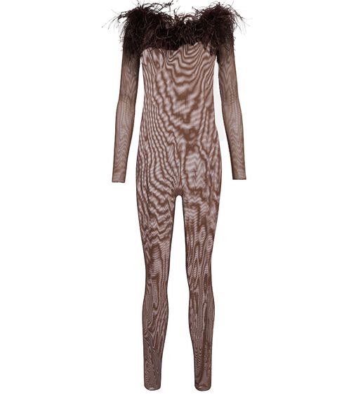 Feather-trimmed mesh jumpsuit