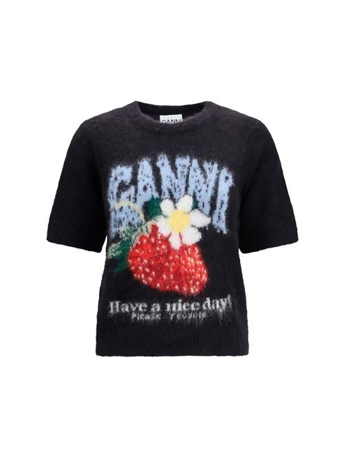 Intarsia Strawberry-Print Alpaca-Blend T-Shirt — Black