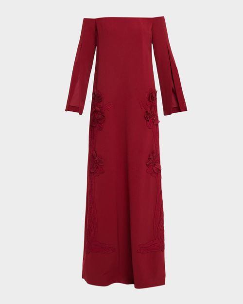 Floral Organza Embroidered Off-The-Shoulder Crepe Gown