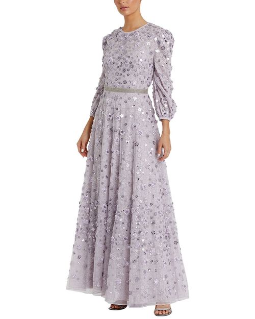 Floral Beaded Mesh Puff Sleeve A Line Gown