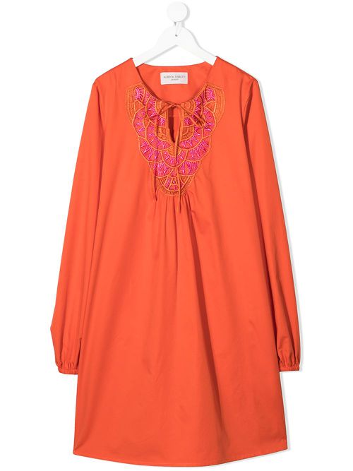 Embroidered neck tunic dress - Orange