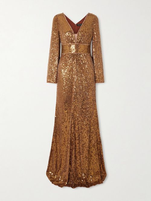 June Embellished Sequined Mesh Gown - Metallic