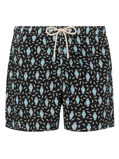 Lightweight Fabric Swim Shorts Lighting With Watch Print Black Swimshort - Men