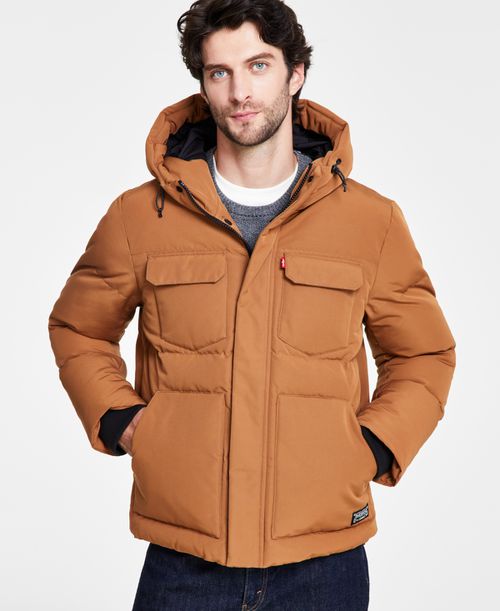 Men's Quilted Hooded Puffer Jacket - Brown