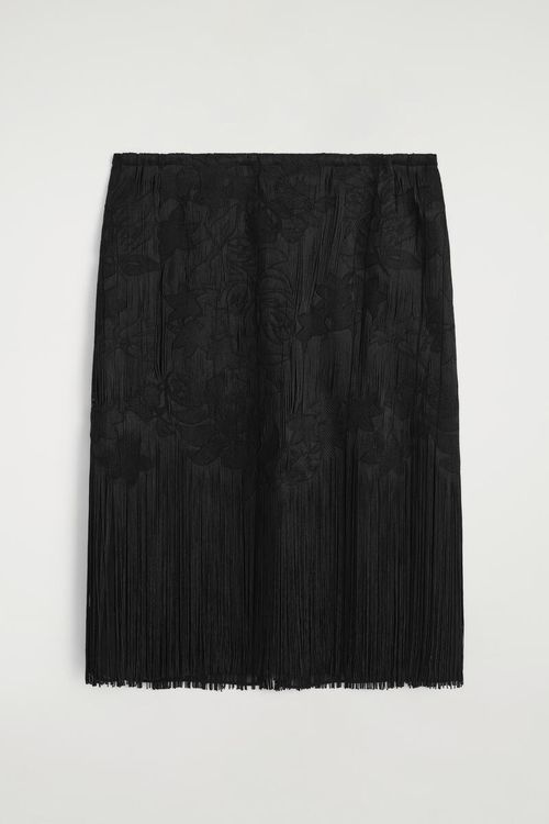 Embroidered Fringed Midi Skirt