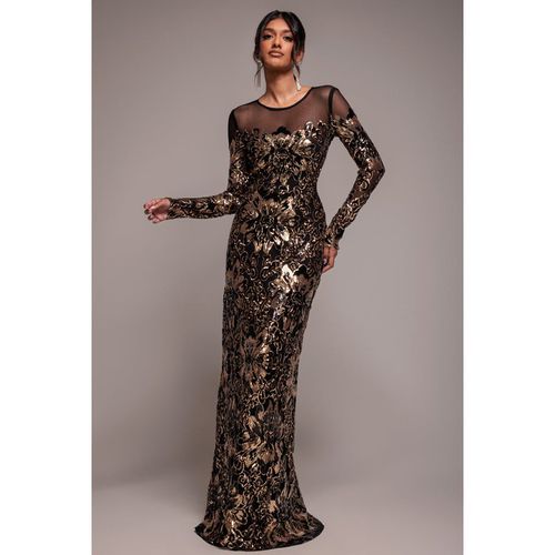 Goddiva Floral Sequin Mesh Maxi - Gold