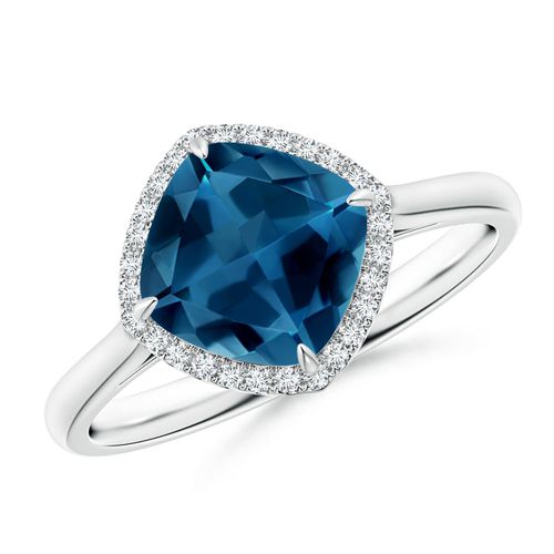 Angara 2.5 Carats Claw-Set Cushion London Blue Topaz Cocktail Halo Ring in Platinum