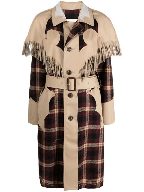 Check-pattern fringed wool coat - Red