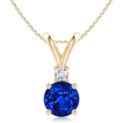 Angara 1.6 Carats Round Blue Sapphire Solitaire V-Bale Pendant with Diamond in 14K Yellow Gold