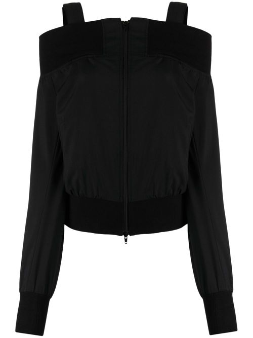 Off-shoulder zip-up wool jacket - Black