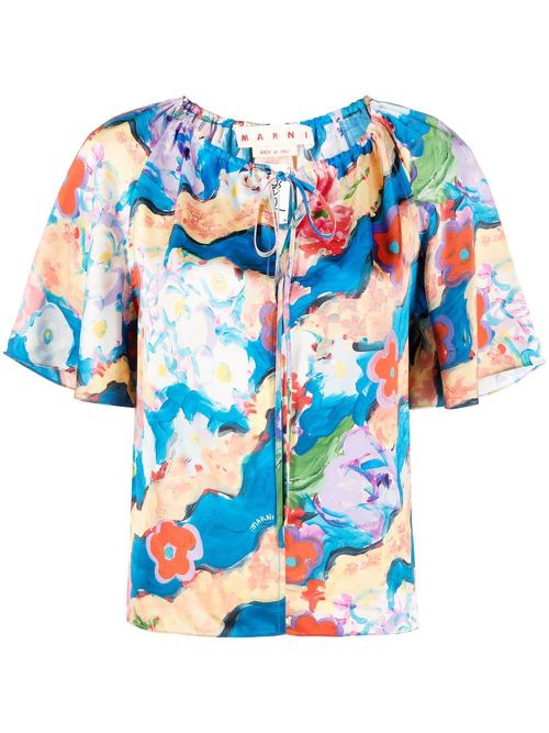 Floral-print short-sleeve blouse - Blue