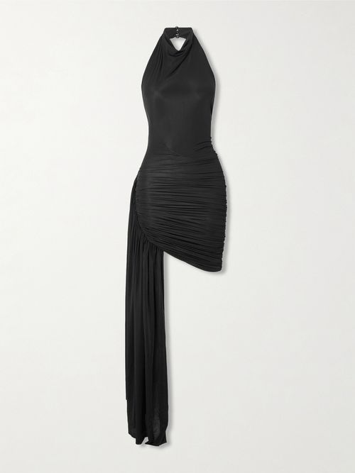 Villa Draped Gathered Stretch-jersey Halterneck Mini Dress - Black