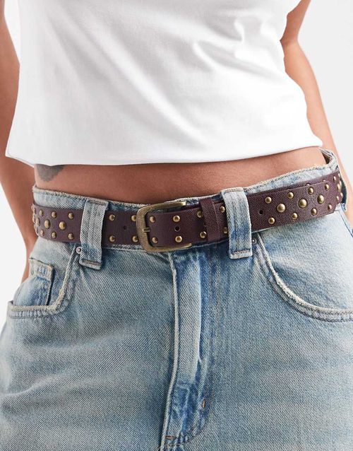 Waist and hip studded belt in burgundy-Red