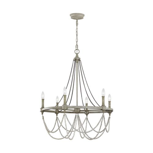 Visual Comfort Studio Beverly 6-Light Chandelier in French Washed Oak And Distressed White Wood by Sean Lavin