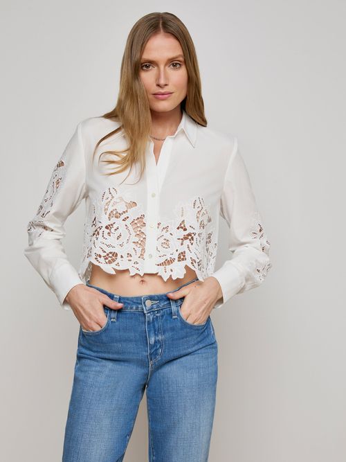 L'AGENCE Seychelle Cropped Lace Blouse Top In White