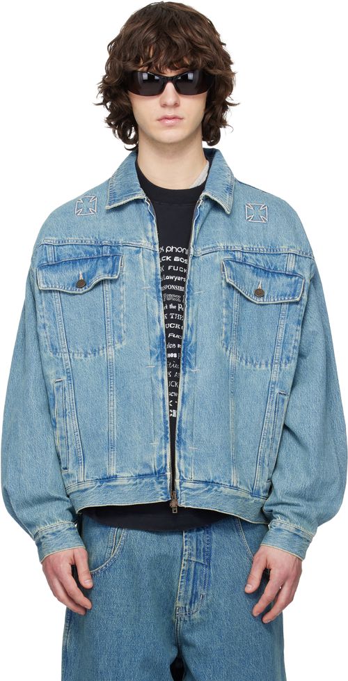 Blue Biker Crosses Denim Jacket