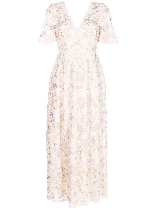 Floral-embroidered midi dress - Pink