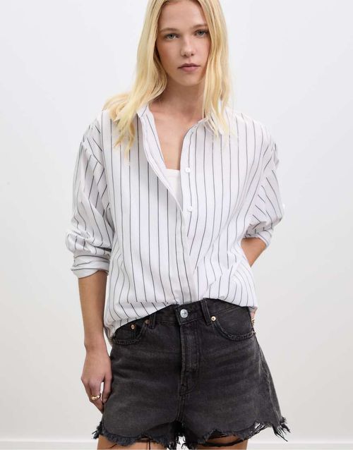 Long striped poplin shirt in black