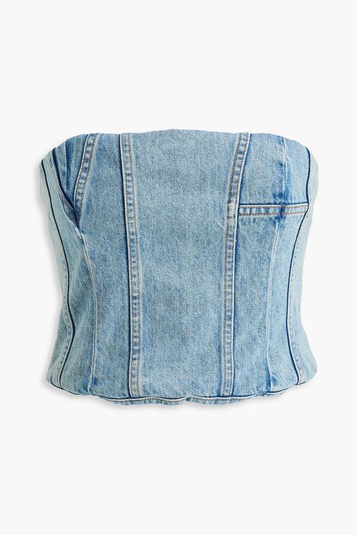 Cropped strapless faded denim bustier top