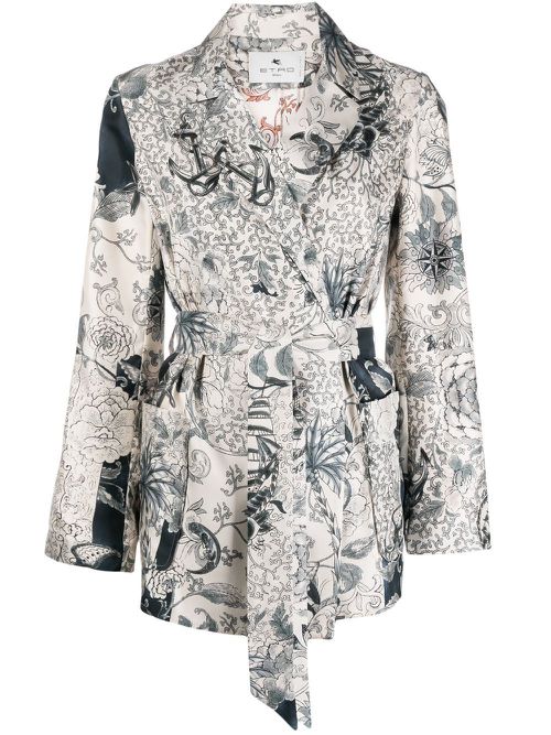 Graphic-print belted silk jacket - White