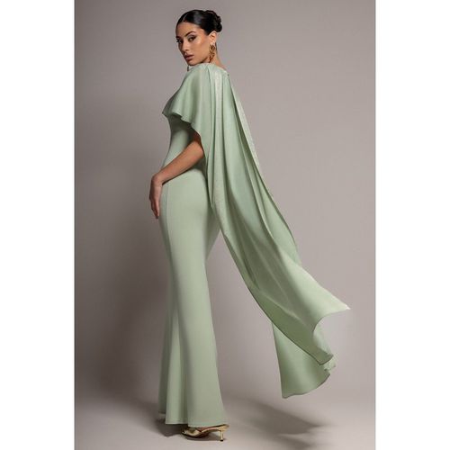 Goddiva Scoop Neck Soft Satin Cape Sleeve Maxi Dress - Sage Green