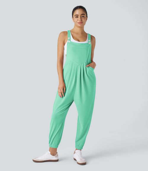 Pockets Waffle Casual Jogger Overalls  - Light Sea Green