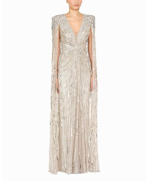Lotus Lady Sequin-Embellished Cape Gown