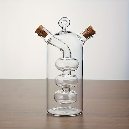 TEMU Dual Spout Oil And Vinegar Dispenser With Cork Stopper - Transparent Heavy-duty Glass Bottle, Pvc-free Non-toxic Construction, Dual Spout