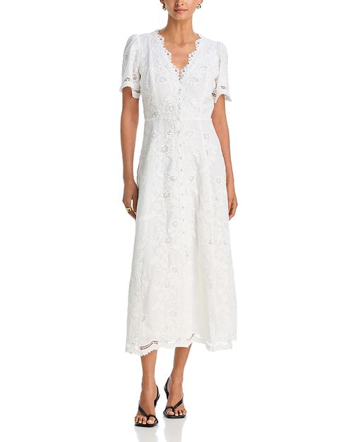Embroidered Lace Button Front V Neck Dress - Exclusive